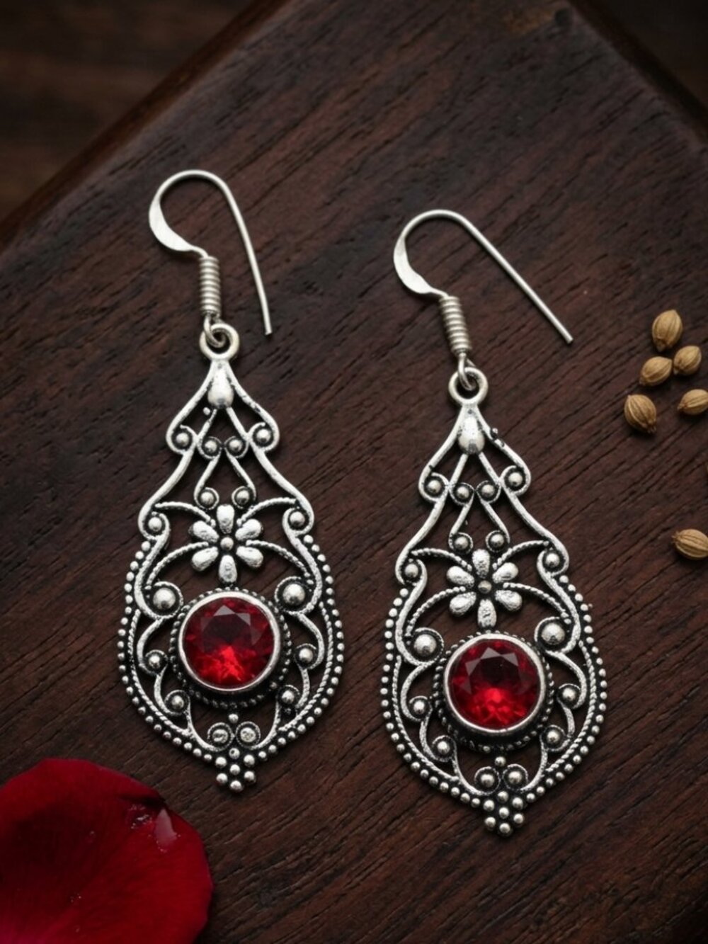 Garnet 925 Sterling Silver Filigree Teardrop Earrings Openwork Victorian 2.2"